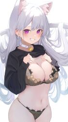 Rule 34 | 1girl, animal ear fluff, animal ears, bell, blush, bra, breasts, cat ears, cat girl, cat tail, clothes lift, daily (daily178900), grin, highres, jingle bell, large breasts, long hair, long sleeves, looking at viewer, navel, original, panties, purple eyes, smile, solo, tail, underwear, very long hair