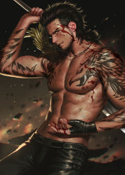 Rule 34 | 1boy, abs, arm tattoo, beard, black gloves, black pants, blood, blood on face, blood on hands, brown hair, cowboy shot, debris, facial hair, final fantasy, final fantasy xv, gladiolus amicitia, gloves, greatsword, holding, holding sword, holding weapon, jewelry, looking at viewer, male focus, medium hair, muscular, necklace, nipples, over shoulder, pants, pectorals, penguin frontier, profile, scar, scar across eye, scar on face, topless male, shoulder tattoo, sideways glance, single glove, smile, solo, standing, sword, sword over shoulder, tattoo, weapon, weapon over shoulder