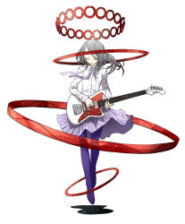 Rule 34 | 1girl, arakawa (aintnoroom), closed eyes, collared shirt, electric guitar, fender stratocaster, floating, full body, grey hair, guitar, halo, holding, holding instrument, instrument, long hair, long sleeves, music, necktie, original, pantyhose, playing instrument, pleated skirt, purple necktie, purple pantyhose, purple skirt, red halo, red ribbon, ribbon, shirt, simple background, skirt, solo, white background, white shirt