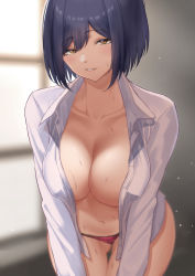 Rule 34 | 1girl, absurdres, blue hair, blurry, blurry background, breasts, brown eyes, cleavage, collarbone, collared shirt, commentary request, depth of field, gluteal fold, highres, indoors, leaning forward, long sleeves, looking at viewer, mole, mole under eye, navel, nijisanji, no bra, open clothes, open shirt, panties, parted lips, pink panties, seductive smile, see-through, shirt, shizuka rin, short hair, skysign ft, smile, solo, sweat, thigh gap, underwear, virtual youtuber, white shirt, window