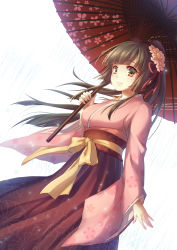 Rule 34 | 1girl, absurdres, bad id, bad pixiv id, black hair, breasts, breasts apart, brown eyes, covered navel, floating hair, flower, hair flower, hair ornament, hair ribbon, high ponytail, highres, holding, holding umbrella, index finger raised, japanese clothes, kimono, leg up, lin minghua, long hair, looking at viewer, may (2747513627), medium breasts, oil-paper umbrella, parted lips, pink flower, pink lips, polearm, purple eyes, purple hair, rain, red ribbon, red umbrella, ribbon, simple background, smile, solo, spear, the rainy port keelung, umbrella, veil, weapon, white background, yellow ribbon, yezhi na