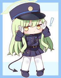 Rule 34 | !, 1girl, :&lt;, black skirt, blue archive, blue background, blue border, blue footwear, blue hat, blue jacket, blush, border, brown eyes, chibi, closed mouth, demon tail, full body, gloves, green hair, halo, hana kazari, hands up, hat, hikari (blue archive), highres, jacket, long hair, looking at viewer, pantyhose, peaked cap, pleated skirt, pointy ears, shoes, skirt, solo, standing, tail, two-tone background, very long hair, white background, white gloves, white pantyhose