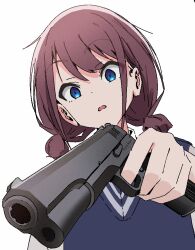 Rule 34 | 1girl, blue eyes, blue sweater vest, blush, brown hair, commentary request, finger on trigger, girls band cry, gujin (tp acid), gun, handgun, holding, holding gun, holding weapon, iseri nina, looking at viewer, low twintails, open mouth, short hair, short twintails, solo, sweater vest, tokarev tt-33, twintails, weapon