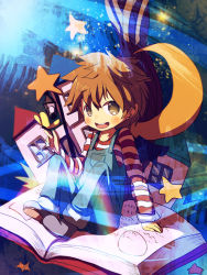 Rule 34 | 1boy, blue overalls, book, brown eyes, brown hair, bug, butterfly, crescent, crescent moon, denim, house, insect, itaru, lamp, male focus, mizuoka yuuichi, moon, open book, overalls, re:kinder, shirt, sitting, smile, solo, star (symbol), striped clothes, striped shirt, tree