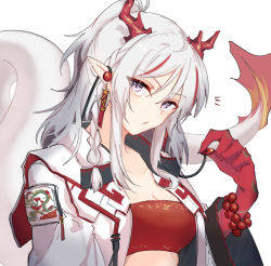 Rule 34 | 1girl, arknights, bandeau, bare shoulders, bracelet, breasts, chinese commentary, cleavage, coat, commentary request, earrings, half updo, hand up, highres, holding, horns, jacket, jewelry, long hair, looking at viewer, mabing, medium breasts, midriff, multicolored hair, nian (arknights), open clothes, open jacket, pointy ears, purple eyes, red hair, sidelocks, silver hair, simple background, solo, strapless, streaked hair, tube top, upper body, white background, white jacket