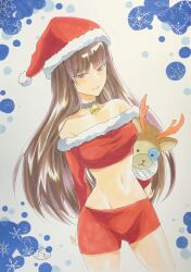 Rule 34 | 1girl, antlers, arm behind back, artist name, bandages, bare shoulders, bell, bike shorts, black choker, black eyes, black hair, blunt bangs, boko (girls und panzer), breasts, choker, christmas, closed mouth, commentary, cowboy shot, frown, fur-trimmed shirt, fur trim, girls und panzer, girls und panzer senshadou daisakusen!, half-closed eyes, hat, highres, holding, holding stuffed toy, horns, long hair, looking at viewer, mature male, medium breasts, midriff, navel, neck bell, nishizumi shiho, off-shoulder shirt, off shoulder, official alternate costume, red hat, red shirt, red shorts, reindeer antlers, santa costume, santa hat, sawamaru30, scan, shirt, shorts, signature, snowflakes, solo, standing, straight hair, stuffed animal, stuffed toy, teddy bear, traditional media