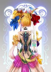 Rule 34 | 1girl, android, back, back cutout, beads, blonde hair, blue ribbon, braid, breasts, cable, cleavage, clothing cutout, collarbone, cowboy shot, crystal, detached collar, dress, drill hair, elbow gloves, feather hair ornament, feathers, fishnets, flower, from behind, gem, gloves, glowing, gradient background, hair beads, hair bun, hair flower, hair ornament, hair ribbon, mechanical parts, moreshan, official art, original, puffy sleeves, red flower, red ribbon, red rose, ribbon, rose, shawl, single hair bun, single sleeve, solo, strapless, strapless dress, white gloves