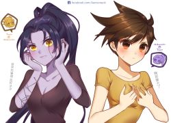 Rule 34 | &gt;:(, 2girls, alternate costume, black shirt, blush, body switch, breast conscious, breasts, brown eyes, brown hair, character name, cleavage, closed mouth, collarbone, colored skin, freckles, frown, highres, kaoruru (sakuno2911), lips, long hair, long sleeves, multiple girls, overwatch, overwatch 1, parted bangs, personality switch, ponytail, purple skin, shirt, short hair, short sleeves, simple background, small breasts, spider web tattoo, spoken character, sweat, sweatdrop, tracer (overwatch), translation request, upper body, v-shaped eyebrows, very long hair, watermark, web address, white background, widowmaker (overwatch), yellow eyes, yellow shirt