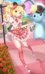 Rule 34 | 1girl, amusement park, animal ears, backpack, bad id, bad pixiv id, bag, black headwear, blonde hair, blurry, blurry background, blush, bow, commentary request, day, flower, food, frills, green bag, hair bow, hair ornament, hat, heart, holding, holding food, long hair, looking at viewer, mascot costume, original, outdoors, pink skirt, plaid, plaid skirt, puffy short sleeves, puffy sleeves, rabbit ears, red bow, red flower, rose, shoes, short sleeves, skirt, solo focus, tongue, tongue out, yellow eyes, yuhi (hssh 6)