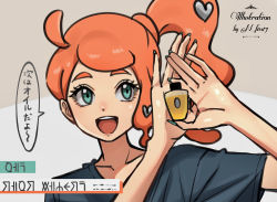 Rule 34 | 1girl, :d, black shirt, collarbone, commentary request, creatures (company), echizen (n fns17), game freak, green eyes, green nails, hair ornament, hands up, heart, heart hair ornament, holding, long hair, nail polish, nintendo, open mouth, orange hair, pokemon, pokemon swsh, shirt, short sleeves, side ponytail, sideways glance, smile, solo, sonia (pokemon), speech bubble, t-shirt, teeth, tongue, translation request, upper body, upper teeth only, white background