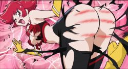 Rule 34 | 1girl, ass, blush, breasts, butt crack, closed eye, curvy, cutie honey, cutie honey (character), embarrassed, huge ass, injury, looking back, magical girl, official art, open mouth, red eyes, red hair, screencap, short hair, tears, thick thighs, thighs, torn clothes, wide hips