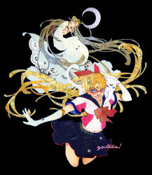 Rule 34 | 2girls, animal, animal on shoulder, artemis (sailor moon), artist name, bishoujo senshi sailor moon, black background, blonde hair, blue eyes, blue sailor collar, blue skirt, bow, bowtie, bracelet, cat, cat on shoulder, closed eyes, codename wa sailor v, collared shirt, commentary, commission, crescent moon, double bun, dress, elbow gloves, english commentary, eye mask, facial mark, floating hair, forehead mark, full body, gloves, hair bow, hair bun, hand on animal, interlocked fingers, jewelry, lace, lace-trimmed dress, lace trim, long dress, long hair, magical girl, midriff, miniskirt, moon, multiple girls, navel, open mouth, own hands clasped, own hands together, petting, pleated skirt, princess serenity, puffy short sleeves, puffy sleeves, red-framed eyewear, red bow, red bowtie, sailor collar, sailor v, school uniform, serafuku, shirt, short sleeves, simple background, skirt, smile, teeth, twintails, vertical-striped sleeves, very long hair, white cat, white dress, white gloves, white shirt, white sleeves, yutaan