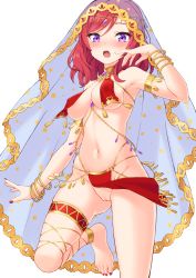 Rule 34 | 1girl, absurdres, ankle strap, armband, armpits, bare shoulders, blush, bracelet, breasts, chain, cleavage, commentary, commission, covered erect nipples, dancer, eyelashes, feet, forehead, gem, gluteal fold, gold chain, gold trim, hand to own mouth, hand up, highres, jewelry, loincloth, loincloth lift, looking at viewer, love live!, medium breasts, medium hair, nail polish, navel, necklace, nemou, nishikino maki, no bra, no panties, open mouth, parted bangs, pixiv commission, purple eyes, pussy, red hair, red nails, revealing clothes, simple background, single bare leg, solo, standing, standing on one leg, star (symbol), star print, surprised, thigh strap, thighs, toes, veil, white background