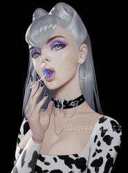 Rule 34 | black nails, breasts, candy, choker, cleavage, dress, earrings, evelynn (league of legends), food, hoop earrings, jewelry, league of legends, lollipop, long hair, looking at viewer, makeup, nail polish, olesyaspitz, open mouth, silver hair, solo, the baddest evelynn