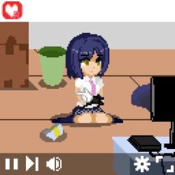 Rule 34 | 1girl, ?, animated, arm support, blue hair, box, grabbing another&#039;s breast, clothing aside, controller, cum, cum in pussy, disembodied penis, closed eyes, fingering, game controller, grabbing, groping, lowres, mind control, missionary, multitasking, necktie, nijisanji, on ground, panties, panties aside, penis, pink eyes, pink neckwear, pixel art, playing games, sex, shizuka rin, short hair, sitting, skirt, television, testest, tongue, tongue out, trash can, underwear, user interface, vaginal, virtual youtuber, wariza, video