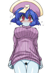 Rule 34 | &gt; &lt;, 1girl, :3, blue hair, blue skin, blush, blush stickers, bottomless, breasts, capcom, clothes tug, colored skin, closed eyes, female pubic hair, flipped hair, frown, hat, jiangshi, large breasts, lei lei, naked sweater, no panties, ofuda, open mouth, pubic hair, pussy, qingdai guanmao, red eyes, ribbed sweater, short hair, solo, sweater, sweater tug, tsukudani (coke-buta), turtleneck, vampire (game)