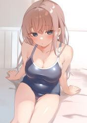 Rule 34 | 1girl, atlanta (kancolle), bare arms, bare legs, bare shoulders, black one-piece swimsuit, blush, breasts, brown hair, cleavage, closed mouth, collarbone, covered navel, earrings, grey eyes, highres, jewelry, kantai collection, large breasts, long hair, one-piece swimsuit, sakieko, school swimsuit, single earring, sitting, solo, star (symbol), star earrings, swimsuit
