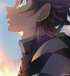Rule 34 | 1boy, brown hair, checkered clothes, commentary, crying, dalc rose, dawn, day, demon slayer uniform, earrings, from side, hanafuda earrings, haori, highres, japanese clothes, jewelry, kamado tanjirou, kimetsu no yaiba, light particles, long sleeves, looking away, male focus, parted lips, portrait, profile, red eyes, sad, short hair, sky, solo, twilight, twitter username
