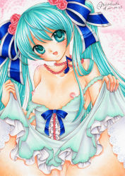 Rule 34 | 1girl, aqua eyes, aqua hair, bare shoulders, breasts, cleft of venus, clothes lift, dress, flower, hair flower, hair ornament, hair ribbon, hatsune miku, jewelry, long hair, marker (medium), mocomoco party, musical note, necklace, nipples, no panties, open mouth, pastel (medium), pussy, ribbon, skirt, skirt lift, small breasts, solo, spread legs, strap slip, thighhighs, traditional media, twintails, uncensored, very long hair, vocaloid