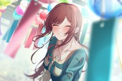 Rule 34 | 1girl, ^ ^, absurdres, blurry, blurry foreground, blush, brown hair, closed eyes, depth of field, earrings, closed eyes, floating hair, green shirt, grin, highres, idolmaster, idolmaster shiny colors, jewelry, odecono3, osaki amana, shirt, smile, solo, upper body, wind chime