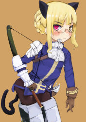 Rule 34 | 1girl, alternate costume, alternate hairstyle, animal ears, ankoku emu shougun, armor, bad id, bad pixiv id, blonde hair, blush, cat ears, cat tail, fusion, glasses, gloves, heterochromia, pantyhose, perrine h. clostermann, sakamoto mio, solo, strike witches, striker unit, sword, tail, uniform, weapon, world witches series