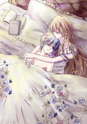 Rule 34 | 10s, 1boy, 1girl, age difference, bed, blonde hair, blue eyes, blue hair, book, child, collarbone, earrings, closed eyes, flower, height difference, hug, livius orvinus ifriqiyah, long hair, lying, lying on person, nike remercier, ojon, one eye closed, open mouth, pillow, soredemo sekai wa utsukushii, teenage girl and younger boy