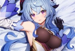 Rule 34 | 1girl, ankkoyom, arm up, armpits, bare shoulders, bed sheet, black gloves, blue hair, bodystocking, breasts, cowbell, detached sleeves, ganyu (genshin impact), genshin impact, gloves, goat horns, gold trim, hand up, highres, horns, long hair, long sleeves, looking at viewer, lying, medium breasts, on back, open mouth, purple eyes, smile, solo, upper body, wavy hair