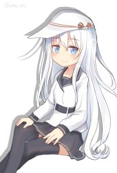 Rule 34 | 1girl, ahenn, black skirt, black thighhighs, blue eyes, blush, feet out of frame, hair between eyes, hammer and sickle, hibiki (kancolle), kantai collection, long hair, long sleeves, one-hour drawing challenge, pleated skirt, sailor collar, sailor shirt, shirt, silver hair, simple background, skirt, smile, solo, thighhighs, twitter username, verniy (kancolle), white background, white headwear, white shirt