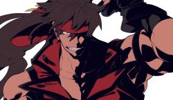 Rule 34 | 1boy, armband, black gloves, brown hair, clenched teeth, gloves, guilty gear, headband, highres, jacket, long hair, looking at viewer, male focus, muscular, ponytail, red eyes, red jacket, sandato, sanpaku, sleeveless, sleeveless jacket, sol badguy, solo, teeth, upper body, white background
