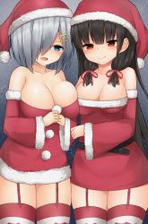 Rule 34 | 10s, 2girls, alternate costume, asymmetrical docking, bare shoulders, belt, black hair, blue eyes, blush, breast press, breasts, check commentary, commentary request, detached sleeves, dress, garter straps, grey hair, hair ornament, hair over one eye, hair ribbon, hairclip, hamakaze (kancolle), hat, isokaze (kancolle), kantai collection, large breasts, long hair, long sleeves, looking at viewer, mizushina minato, multiple girls, red eyes, ribbon, santa costume, santa hat, short dress, short hair, smile, striped clothes, striped legwear, striped thighhighs, thighhighs, tress ribbon, zettai ryouiki