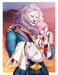 Rule 34 | 1girl, absurdres, artist request, barefoot, boggart (fate), carrying, fate/grand order, fate (series), furry, furry female, furry male, highres, mash kyrielight, one eye covered, pink hair, princess carry, purple eyes
