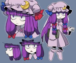 Rule 34 | 1girl, bags under eyes, blue bow, blunt bangs, bow, buttons, closed mouth, collared dress, commentary request, crescent, crescent hat ornament, dress, furukawa (yomawari), grey background, hair bow, hat, hat ornament, highres, long hair, long sleeves, mob cap, multiple views, open mouth, patchouli knowledge, pink dress, pink hat, pink socks, purple eyes, purple hair, red bow, sidelocks, simple background, socks, solo, touhou