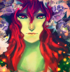 Rule 34 | 1girl, batman (series), colored skin, dc comics, female focus, flower, green skin, looking at viewer, plant, poison ivy, red eyes, red hair, solo