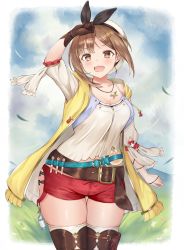 Rule 34 | 1girl, :d, arm up, atelier (series), atelier ryza, atelier ryza 1, belt, blush, breasts, brown eyes, brown gloves, brown hair, brown thighhighs, cleavage, collarbone, gloves, highres, jewelry, large breasts, looking at viewer, medium breasts, minoshi, navel, necklace, open mouth, red shorts, reisalin stout, short hair, short shorts, shorts, single glove, skindentation, smile, solo, star (symbol), teeth, thigh gap, thighhighs, thighs, upper teeth only, white headwear, white thighhighs