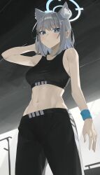 Rule 34 | 1girl, :o, abs, absurdres, alternate costume, animal ear fluff, animal ears, arm up, black pants, black sports bra, blue archive, blush, breasts, commentary, extra ears, grey hair, gym, halo, highres, indoors, looking at viewer, medium breasts, mismatched pupils, mm (mhm2592), navel, pants, shiroko (blue archive), solo, sports bra, stomach, sweat, wolf ears, wristband