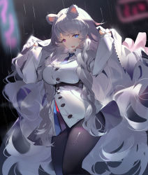 Rule 34 | 1girl, :d, absurdres, animal ears, arknights, bear ears, belt, big hair, black pantyhose, blue eyes, blurry, blurry background, braid, breasts, dress, fang, feet out of frame, grey hair, hair undone, hands up, heavy breathing, helic (7317helic), heterochromia, highres, holding, jacket, large breasts, long hair, long sleeves, looking at viewer, microdress, necktie, open mouth, pantyhose, partially unbuttoned, rain, red eyes, rosa (arknights), single braid, skin fang, smile, solo, standing, twin braids, very long hair, w arms, wavy hair, white dress