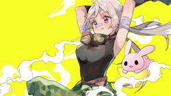 Rule 34 | 1girl, ahoge, bandaged arm, bandages, bandaid, bandaid on face, bandaid on nose, belt, breasts, chiro (chi-bu-ko), commentary request, goggles, grey hair, highres, long hair, original, purple eyes, rabbit, simple background, smoke, star (symbol), tongue, tongue out, yellow background