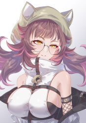 Rule 34 | 1girl, absurdres, animal ears, animal hat, arknights, bare shoulders, between breasts, breasts, cleavage, deepcolor (arknights), deepcolor (melodic portrayal) (arknights), fake animal ears, glasses, hat, highres, innoarukugyou, jacket, large breasts, looking at viewer, official alternate costume, open clothes, open jacket, pink hair, scarf, shirt, sideboob, sleeveless, sleeveless shirt, white jacket, yellow eyes