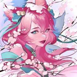 Rule 34 | 1girl, ahri (league of legends), animal ears, aqua bow, aqua eyes, bell, bow, cherry blossoms, choker, fox ears, hair bell, hair between eyes, hair bow, hair ornament, highres, japanese clothes, kimono, league of legends, lenhato, long hair, multicolored clothes, multicolored kimono, official alternate costume, parted lips, pink hair, pink lips, slit pupils, solo, spirit blossom ahri, upper body