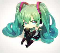 Rule 34 | 1girl, boots, chibi, detached sleeves, gradient hair, green eyes, green hair, hatsune miku, headphones, kyama, long hair, matching hair/eyes, microphone, multicolored hair, necktie, sitting, skirt, solo, thigh boots, thighhighs, twintails, very long hair, vocaloid