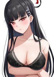 Rule 34 | 1girl, black bra, black hair, blue archive, blush, bra, breasts, cleavage, hair ornament, hairclip, halo, highres, hime cut, long hair, looking at viewer, mono (user xxxx3247), red eyes, ringed eyes, rio (blue archive), simple background, solo, underwear, underwear only, variant set, white background
