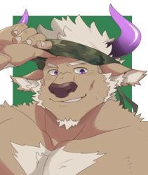 Rule 34 | 1boy, adjusting clothes, adjusting headwear, animal ears, animal nose, bara, border, brown fur, camouflage, camouflage headwear, chest hair, commentary request, cow ears, cow horns, facial hair, furry, furry male, goatee, green background, headband, highres, horns, male focus, minotaur, muscular, muscular male, outside border, purple eyes, purple horns, shennong (housamo), shirotoki (qdng0atngbaqmce), short hair, smirk, solo, sweatdrop, thick eyebrows, tokyo houkago summoners, upper body, white border, white hair