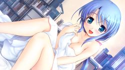 Rule 34 | 10s, 1girl, :d, areola slip, bed, bed sheet, bekkankou, blue eyes, blue hair, blush, bookshelf, breasts, cleavage, covering privates, daitoshokan no hitsujikai, dutch angle, game cg, long hair, looking at viewer, matching hair/eyes, naked sheet, night, night sky, nude, open mouth, sitting, sky, smile, solo, takigawa aoi (daitoshokan no hitsujikai)