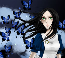 Rule 34 | 1girl, alice: madness returns, alice (alice in wonderland), alice in wonderland, alice liddell (american mcgee&#039;s alice), american mcgee&#039;s alice, apron, black hair, dress, green eyes, jewelry, jupiter symbol, long hair, necklace, solo