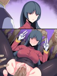 Rule 34 | 1girl, 4boys, black hair, blunt bangs, blush, breasts, censored, closed mouth, clothed female nude male, commentary request, covered navel, creatures (company), double w, emphasis lines, game freak, gloves, hands up, hetero, highres, instant loss, long hair, long sleeves, looking at viewer, mosaic censoring, multiple boys, nintendo, nude, penis, pokemon, pokemon frlg, pokemon masters ex, raised eyebrows, red eyes, s ryouchi, sabrina (pokemon), sex, shiny skin, smile, spread legs, street thug (pokemon), textless version, torn clothes, torn legwear, turtleneck, vaginal, w, white gloves