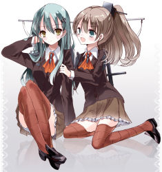 Rule 34 | 10s, 2girls, ascot, bad id, bad pixiv id, brown eyes, brown hair, cierra (ra-bit), green eyes, green hair, hair ornament, hairclip, kantai collection, kneeling, kumano (kancolle), long hair, multiple girls, open mouth, pleated skirt, ponytail, school uniform, sitting, skirt, smile, striped clothes, striped legwear, striped thighhighs, suzuya (kancolle), thighhighs