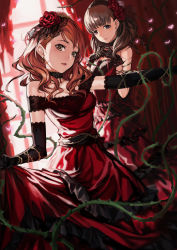 Rule 34 | 10s, 2girls, backlighting, bare shoulders, black gloves, blue eyes, blush, brown eyes, brown hair, choker, curtains, dress, earrings, elbow gloves, flower, gloves, gown, hair flower, hair ornament, hair over shoulder, hairband, hands on own chest, houjou karen, idolmaster, idolmaster cinderella girls, idolmaster cinderella girls starlight stage, infukun, jewelry, lace, lace-trimmed dress, lace-trimmed gloves, lace trim, long hair, looking at viewer, multiple girls, off-shoulder dress, off shoulder, outstretched arm, parted lips, red dress, rose, sakuma mayu, short hair, skirt hold, strapless, strapless dress, stud earrings, thorns, window, wrist cuffs
