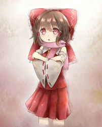 Rule 34 | 1girl, ascot, bad id, bad pixiv id, bare shoulders, bow, brown hair, deformed, erio patrol, hair bow, hair tubes, hakurei reimu, highres, open mouth, red eyes, scarf, solo, touhou, aged down