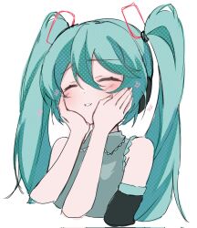 Rule 34 | 1girl, 1other, aqua hair, blush, collared shirt, corrupted twitter file, detached sleeves, disembodied hand, grey shirt, hair ornament, hand on another&#039;s cheek, hand on another&#039;s face, hands on another&#039;s face, hatsune miku, headphones, highres, shirt, simple background, sketch, smile, solo focus, twintails, upper body, vocaloid, white background, yukia 1128