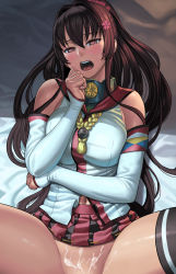 Rule 34 | blouse, blush, breasts, brown eyes, brown hair, clothes lift, cum, detached sleeves, flower, from above, hair flower, hair intakes, hair ornament, half-closed eyes, head tilt, heart, heart-shaped pupils, highres, implied sex, kantai collection, large breasts, lasterk, long hair, miniskirt, navel, no panties, open mouth, out-of-frame censoring, out of frame, ponytail, shirt, sidelocks, single thighhigh, skirt, skirt lift, solo, spread legs, sweat, symbol-shaped pupils, thighhighs, thighs, very long hair, white shirt, yamato (kancolle)